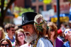 York, PA / USA - May 8, 2016: A bearded man with a monkey entertained people at the City of York Annual Mother's Day Street Fair.