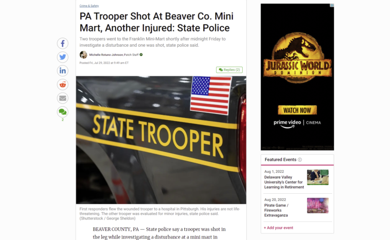 Patch Uses George Sheldon Photo for News Story about Pennsylvania State Trooper Being Shot
