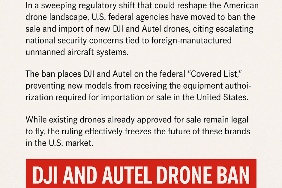 breaking news blog post about the U.S. banning new DJI and Autel drones.