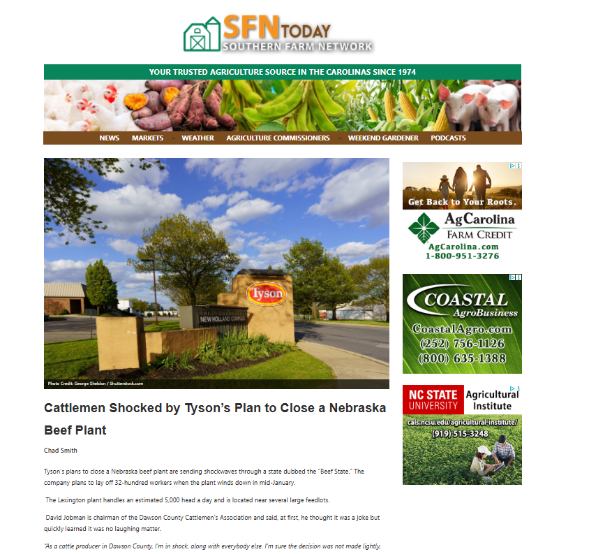 George Sheldon’s Tyson Foods Image Featured in Nebraska Beef Plant Closure Story