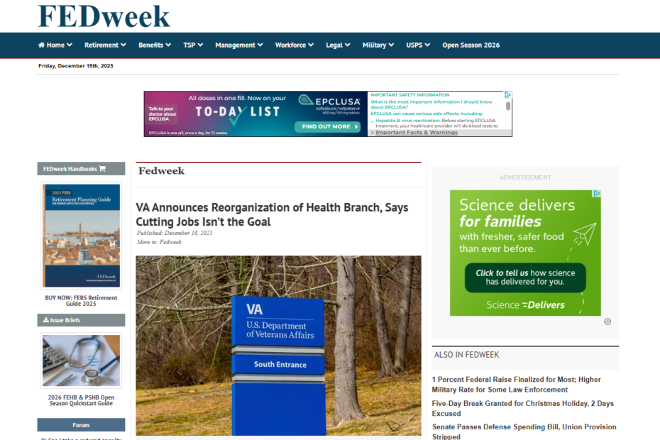 Screenshot of blog post discussing VA health branch reorganization featuring George Sheldon editorial photography.