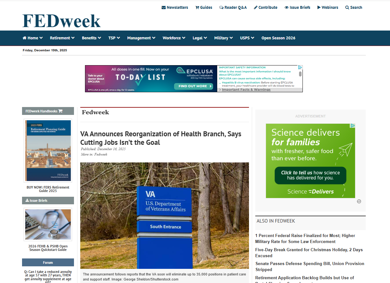 Screenshot of blog post discussing VA health branch reorganization featuring George Sheldon editorial photography.