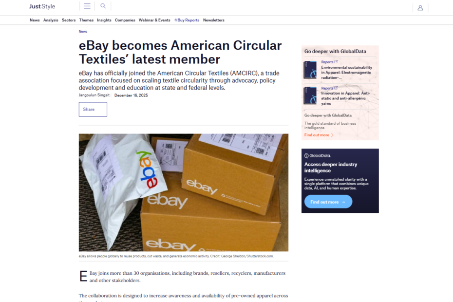Screenshot of blog post about eBay joining American Circular Textiles with editorial photography insights from George Sheldon.