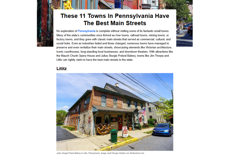 Screenshot of blog post about Pennsylvania towns with the best Main Streets featuring editorial photography by George Sheldon.