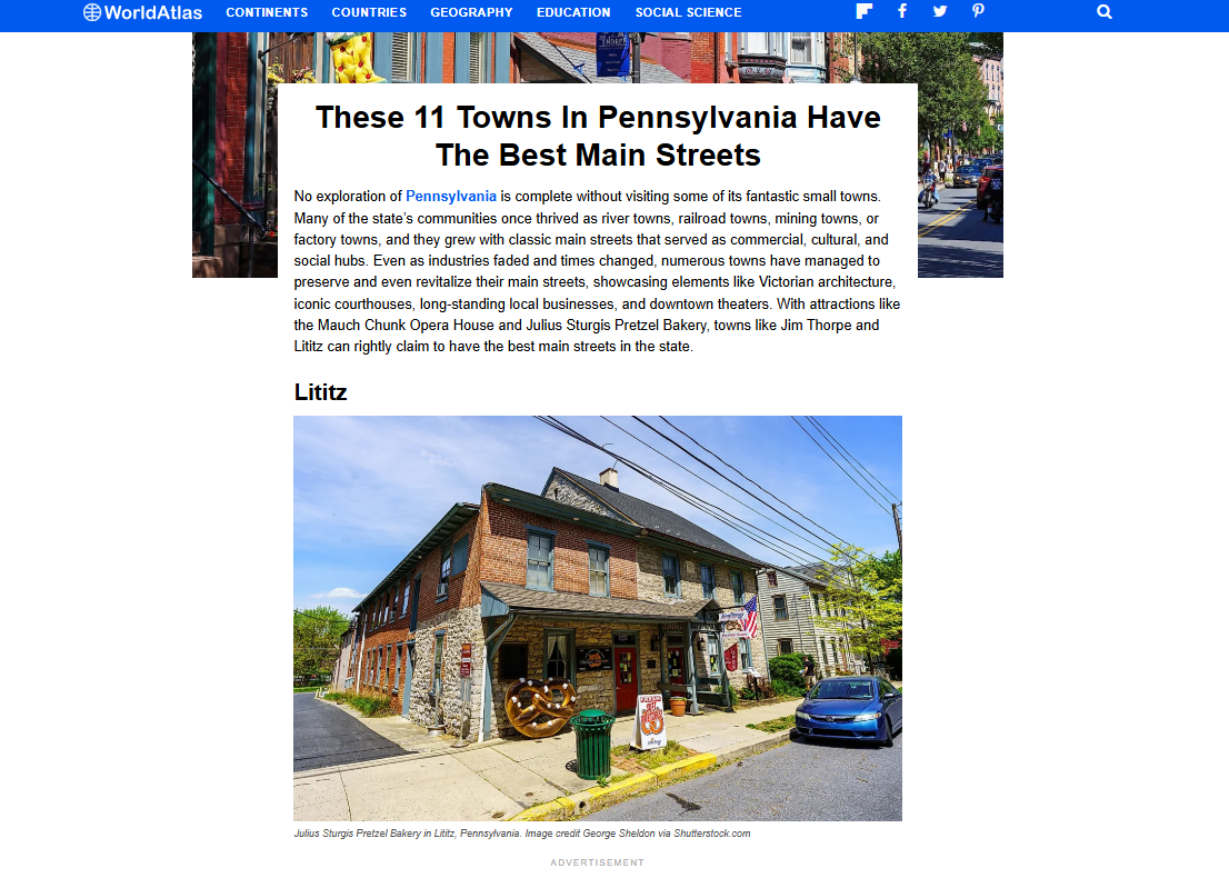 Screenshot of blog post about Pennsylvania towns with the best Main Streets featuring editorial photography by George Sheldon.