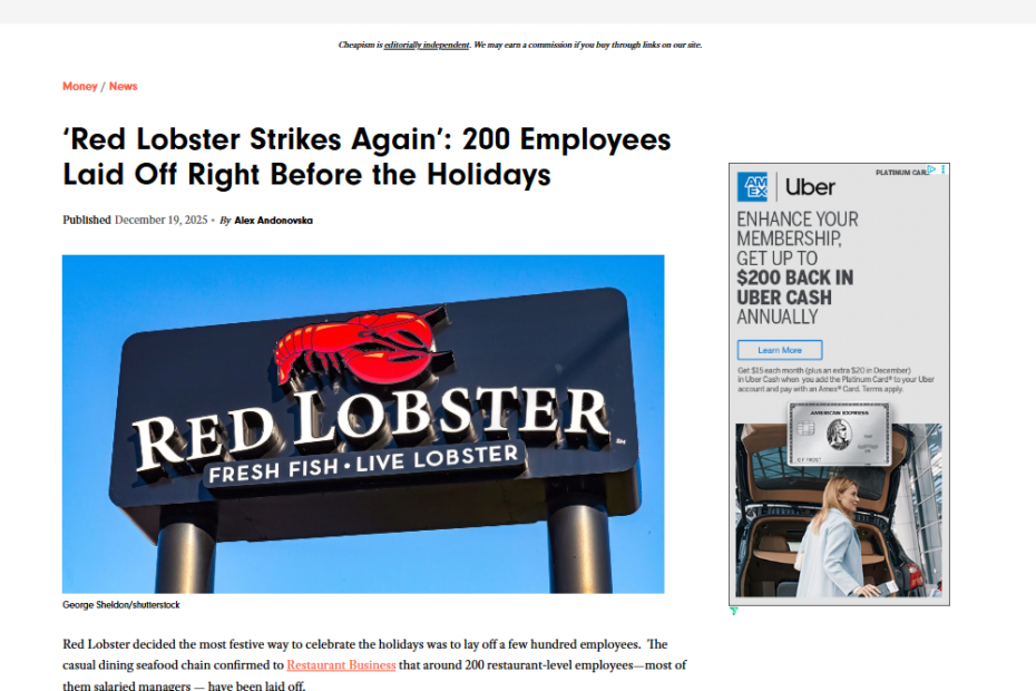 Screenshot of blog post discussing Red Lobster layoffs 2025 with editorial photography insights by George Sheldon.