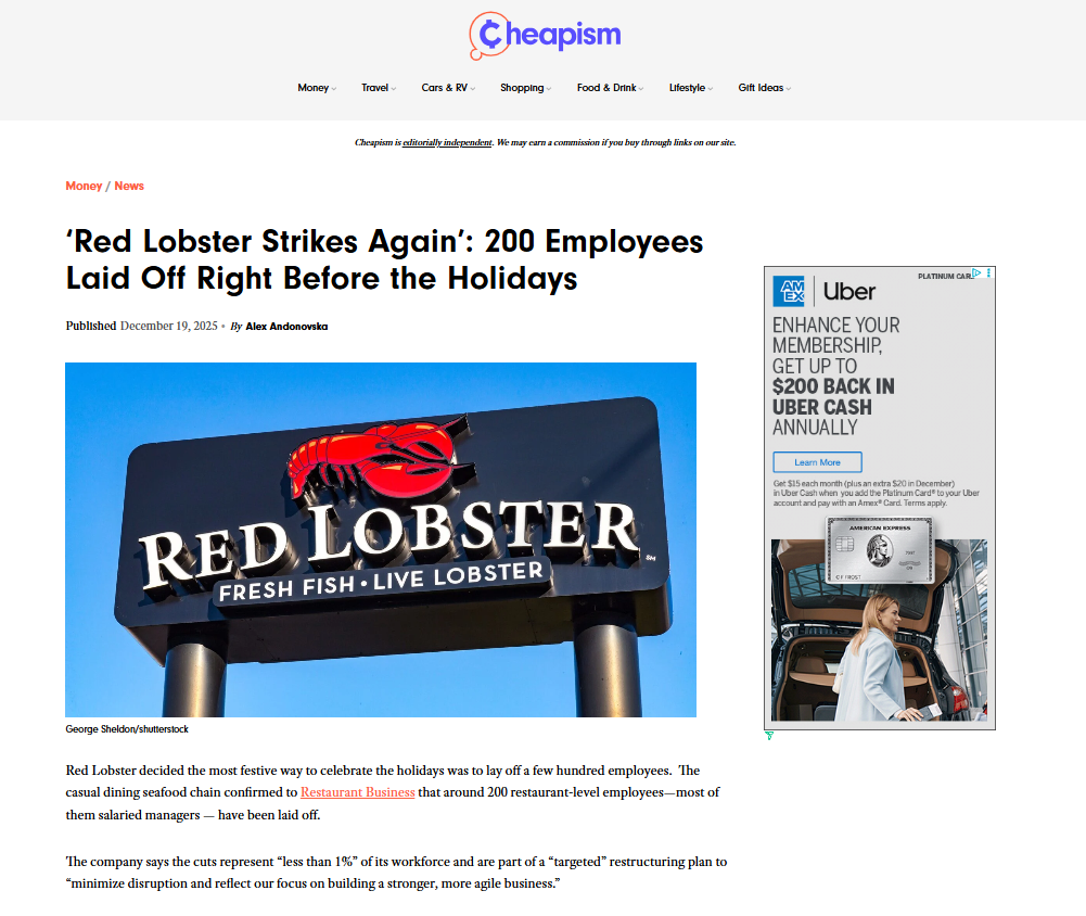 Screenshot of blog post discussing Red Lobster layoffs 2025 with editorial photography insights by George Sheldon.