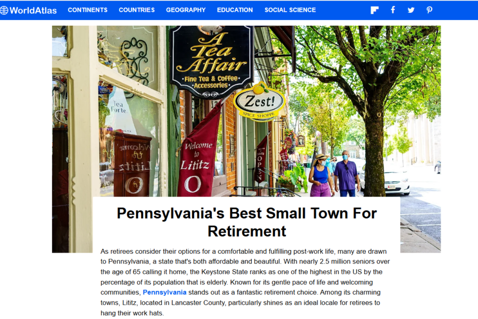 Screenshot of blog post about Lititz, Pennsylvania being named the best small town for retirement in 2026, featuring editorial photography by George Sheldon.