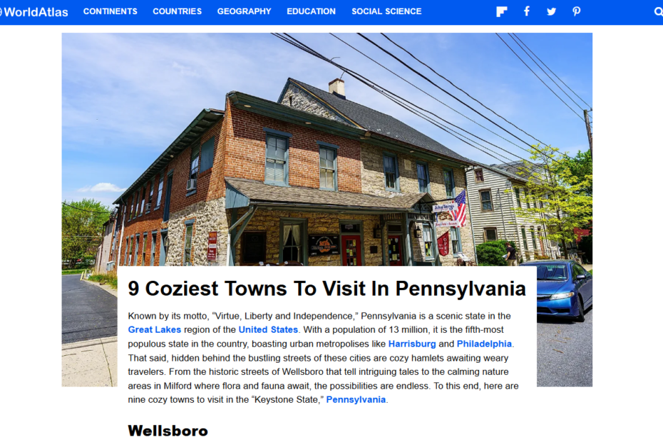 Screenshot of blog post about Pennsylvania’s coziest towns for 2025 featuring editorial photography by George Sheldon.