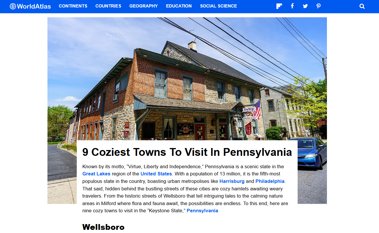 Screenshot of blog post about Pennsylvania’s coziest towns for 2025 featuring editorial photography by George Sheldon.