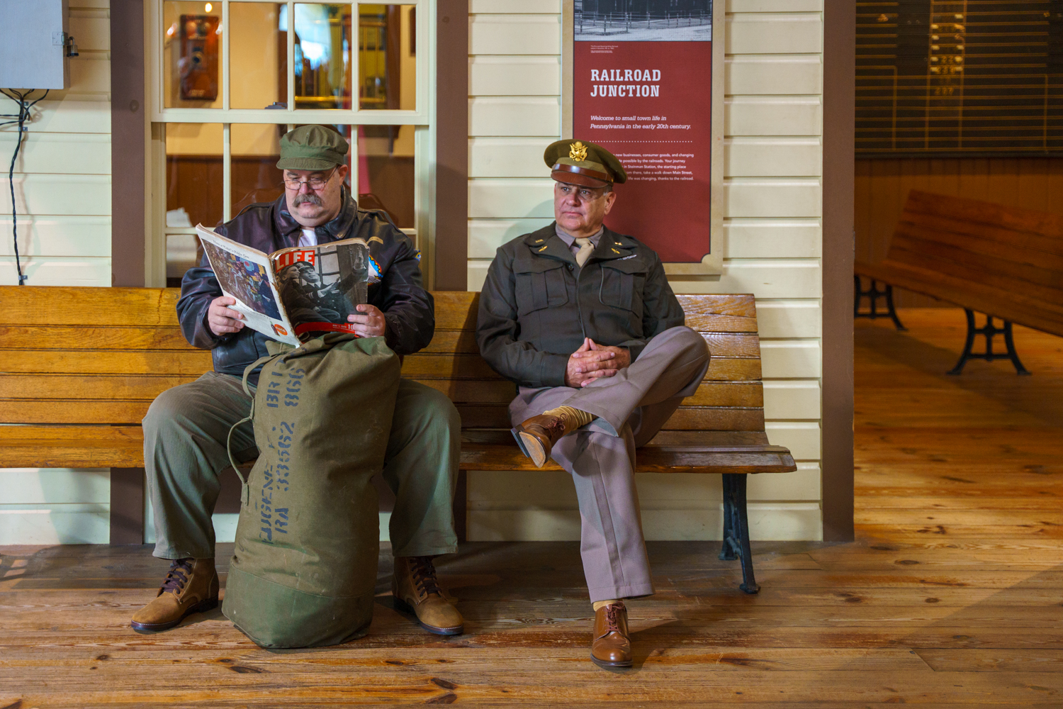 WWII reenactors waiting for a train in Lancaster County, PA.