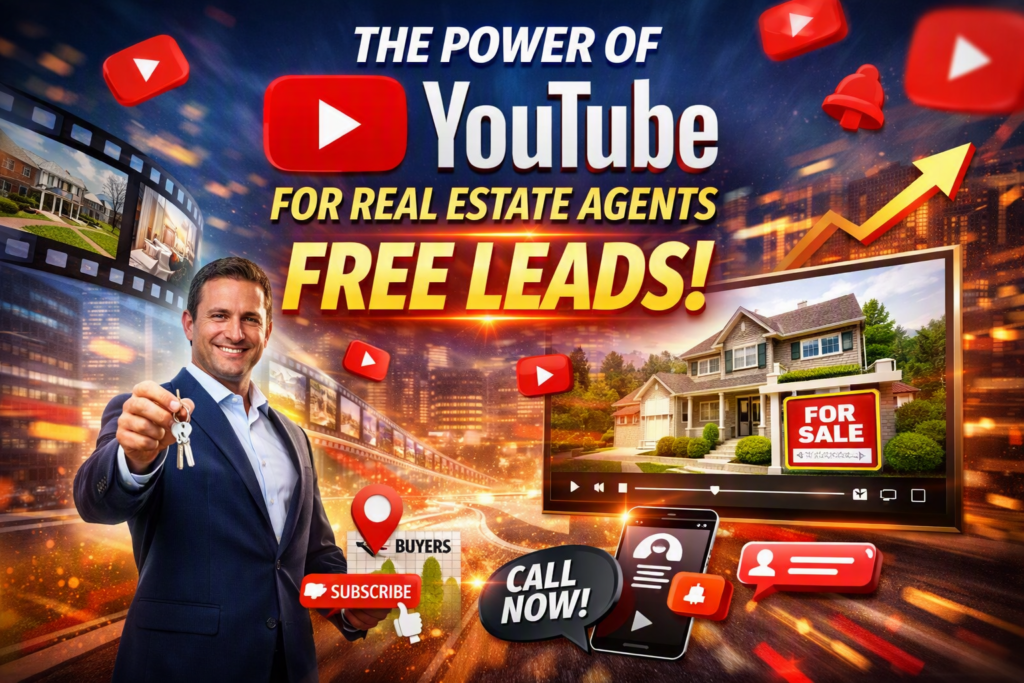 Promotional graphic showing “The Power of YouTube for Real Estate Agents — Free Leads!” featuring a real estate agent holding keys, a home for sale, and YouTube icons symbolizing free video marketing and lead generation.
